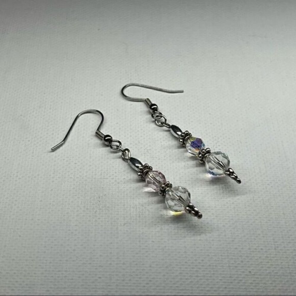 Earrings Vintage Silver Tone Aurora Borealis Crystal Dangles